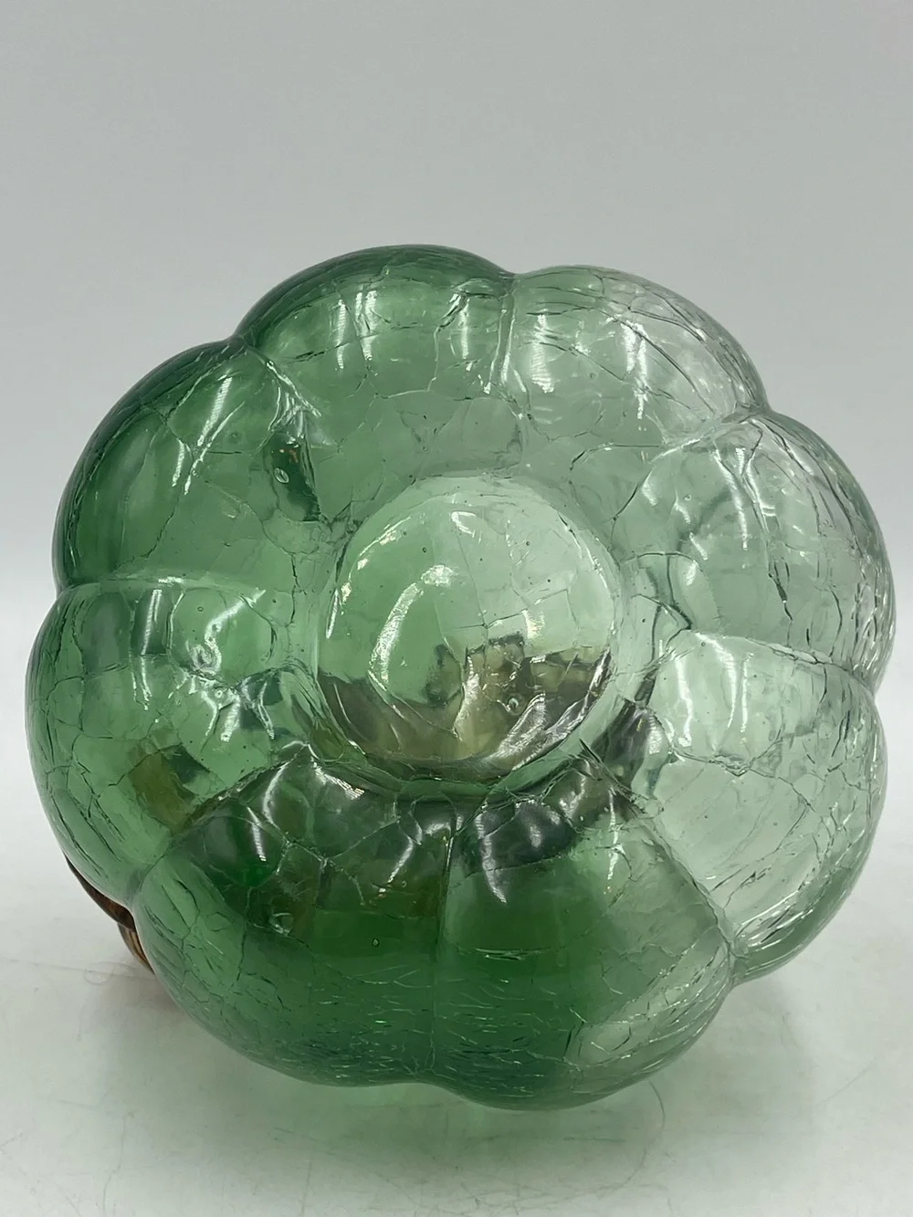 Vintage Hand Blown Green Ombre Crackle Art Glass Pumpkin with Amber Twisted Stem